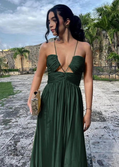 Criss-cross Chartreuse Ruched A-line Halter Sleeveless Long Prom Dresses