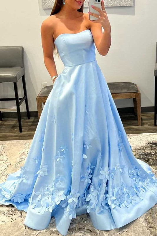 3D Flower Strapless A-line Prom Dresses