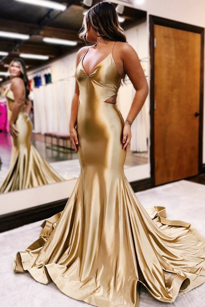 Gold V-Neck Lace-Up Trumpet Long Formal Dresses