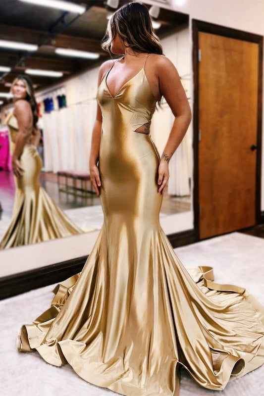 Gold V-Neck Lace-Up Trumpet Long Formal Dresses
