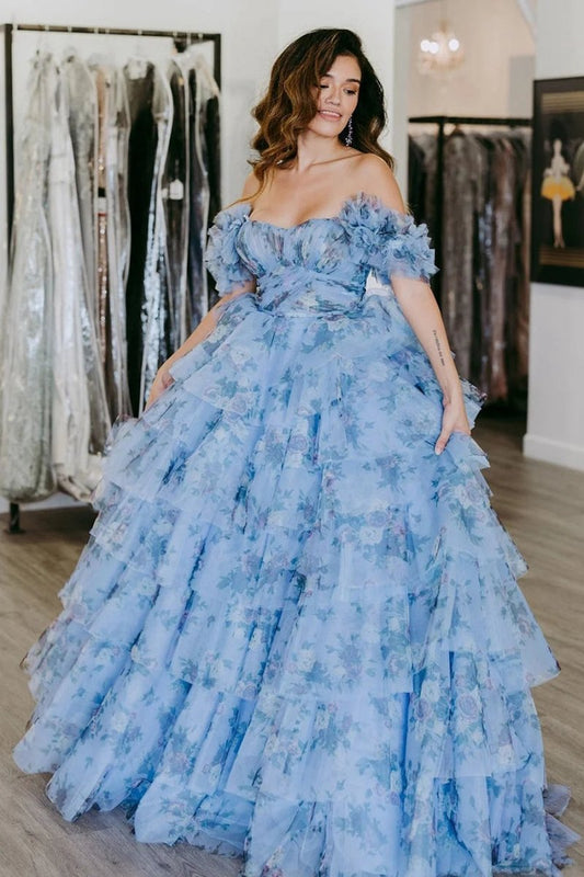 Floral Tie A-line Long Prom Dresses with Ruffles