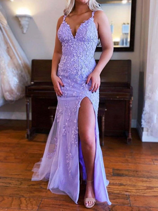 Mermaid V Neck Lace Long Prom Dresses with Appliques