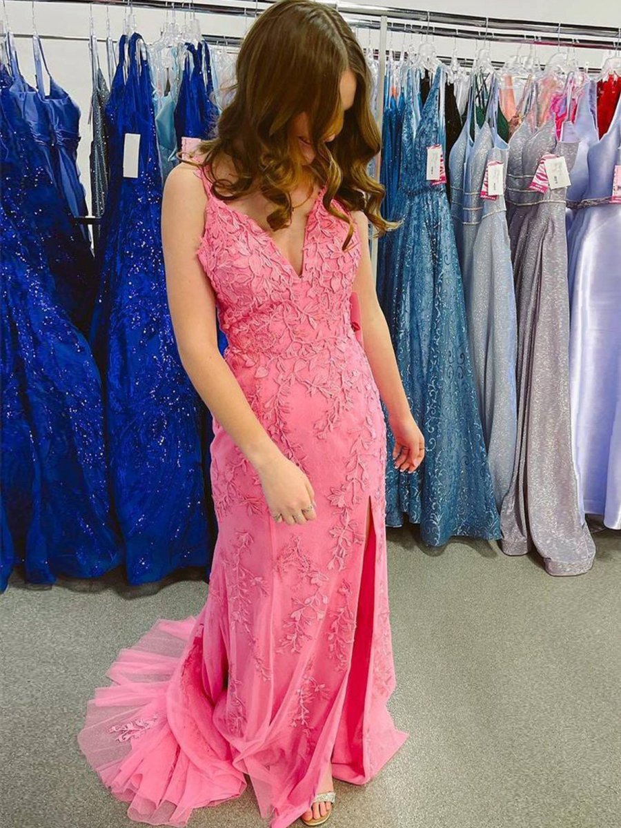 Mermaid V Neck Lace Long Prom Dresses with Appliques