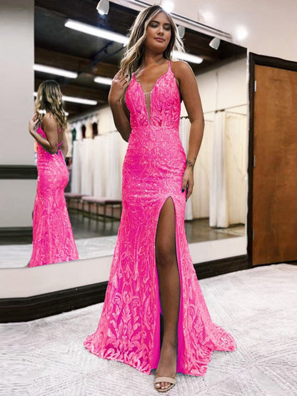 Mermaid Deep V Neck Sequins Lace Long Prom Dresses with Slit