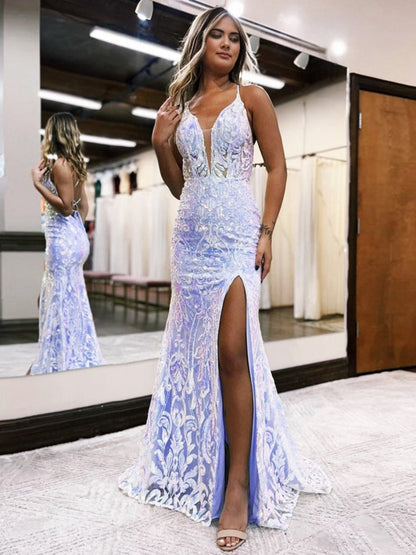 Mermaid Deep V Neck Sequins Lace Long Prom Dresses with Slit