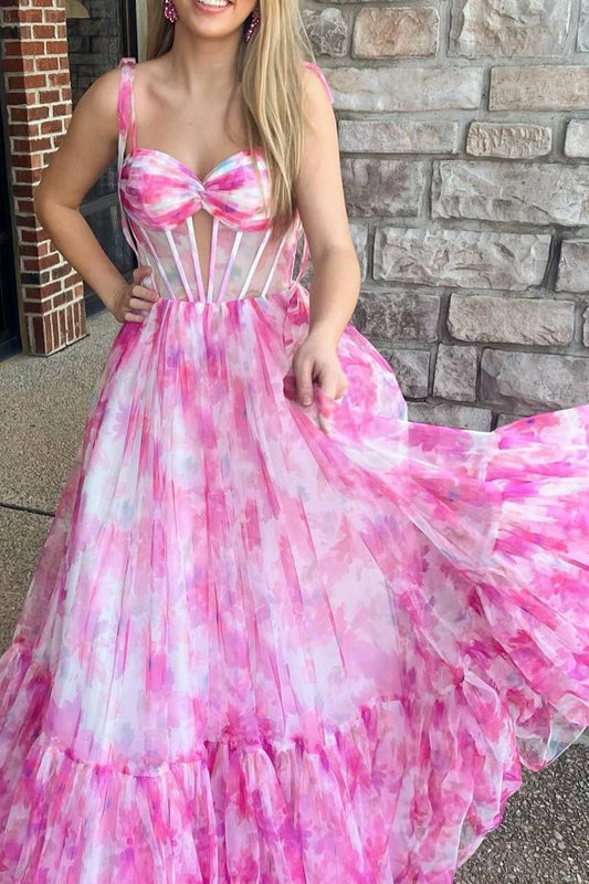 Floral Print Corset A-line Long Prom Dresses with Bow Tie Straps