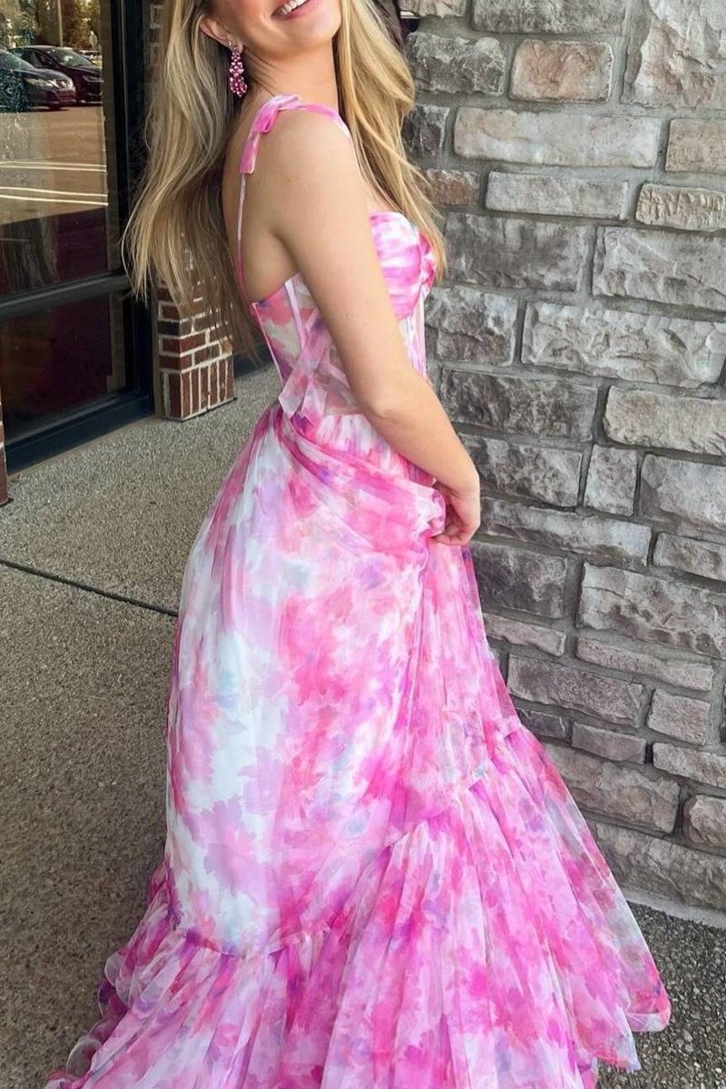 Floral Print Corset A-line Long Prom Dresses with Bow Tie Straps