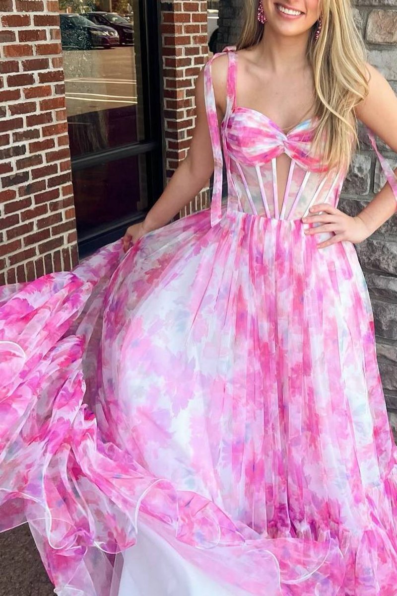 Floral Print Corset A-line Long Prom Dresses with Bow Tie Straps