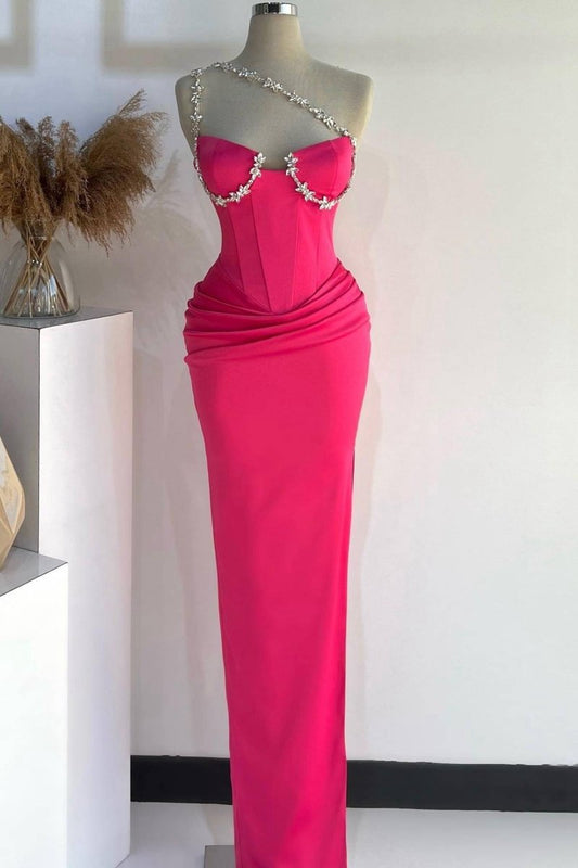 One Shoulder Rhinestones Pleated Long Prom Dresses