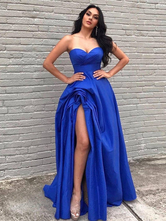 A-line Sweetheart Satin Long Prom Dresses with Slit