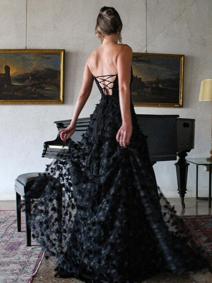 A-line Strapless 3D Flowers Long Prom Dresses with Slit