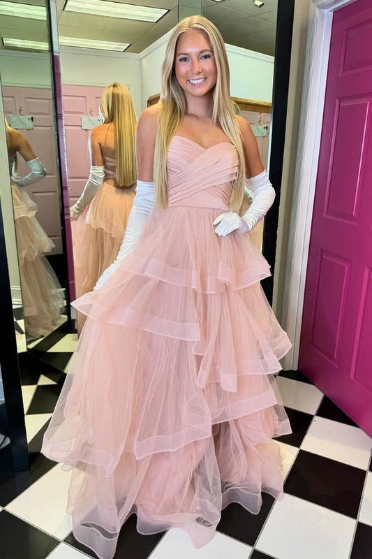 A-line Strapless Ruffle Tie Tulle Long Prom Dresses