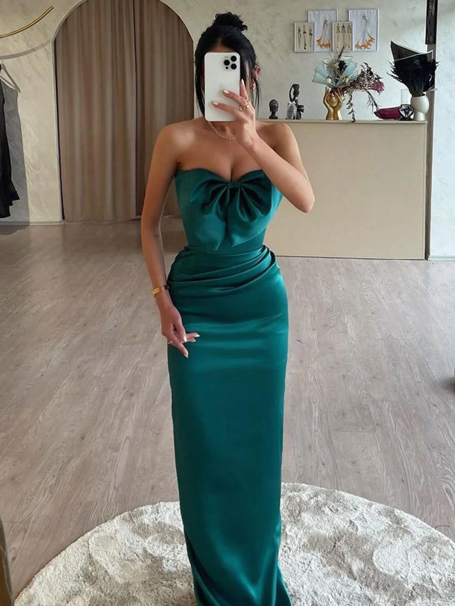Mermaid Sweetheart Satin Long Prom Dresses with Bow