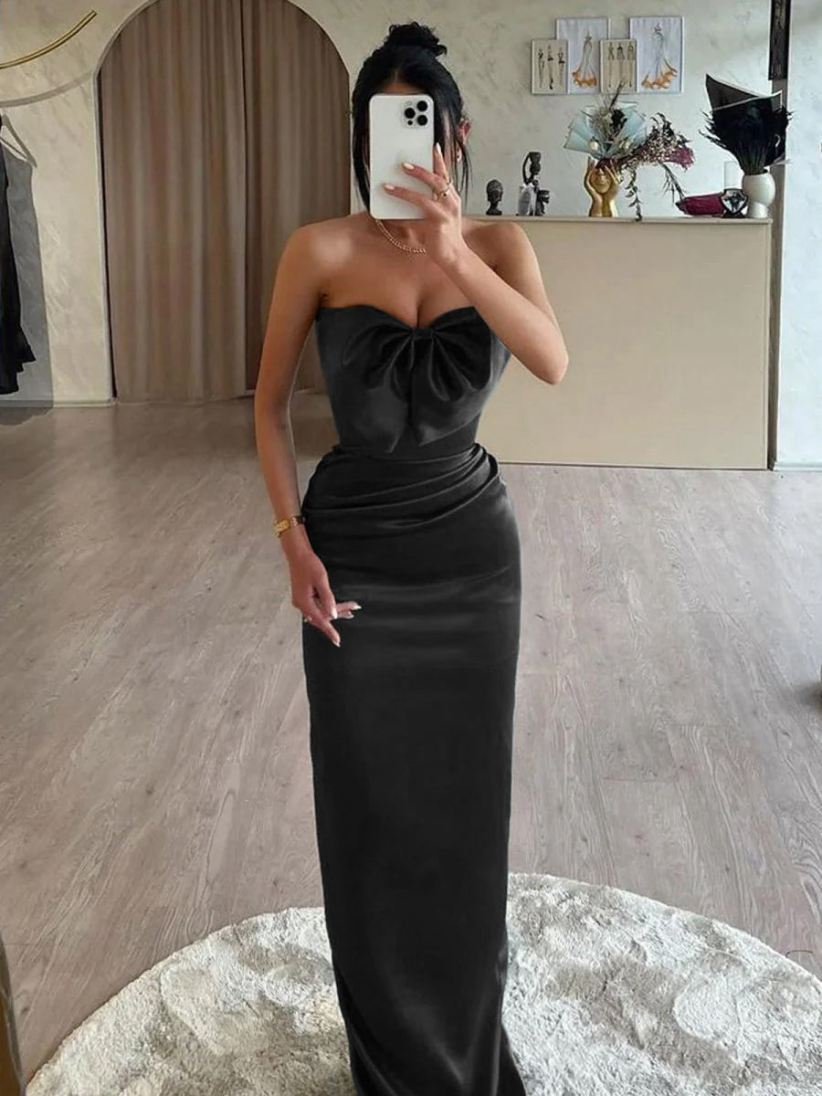 Mermaid Sweetheart Satin Long Prom Dresses with Bow