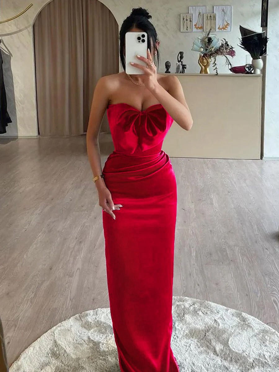 Mermaid Sweetheart Satin Long Prom Dresses with Bow