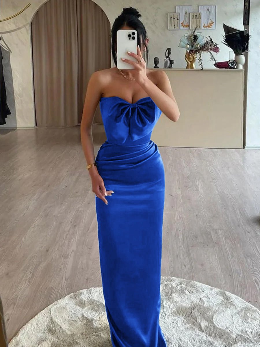 Mermaid Sweetheart Satin Long Prom Dresses with Bow