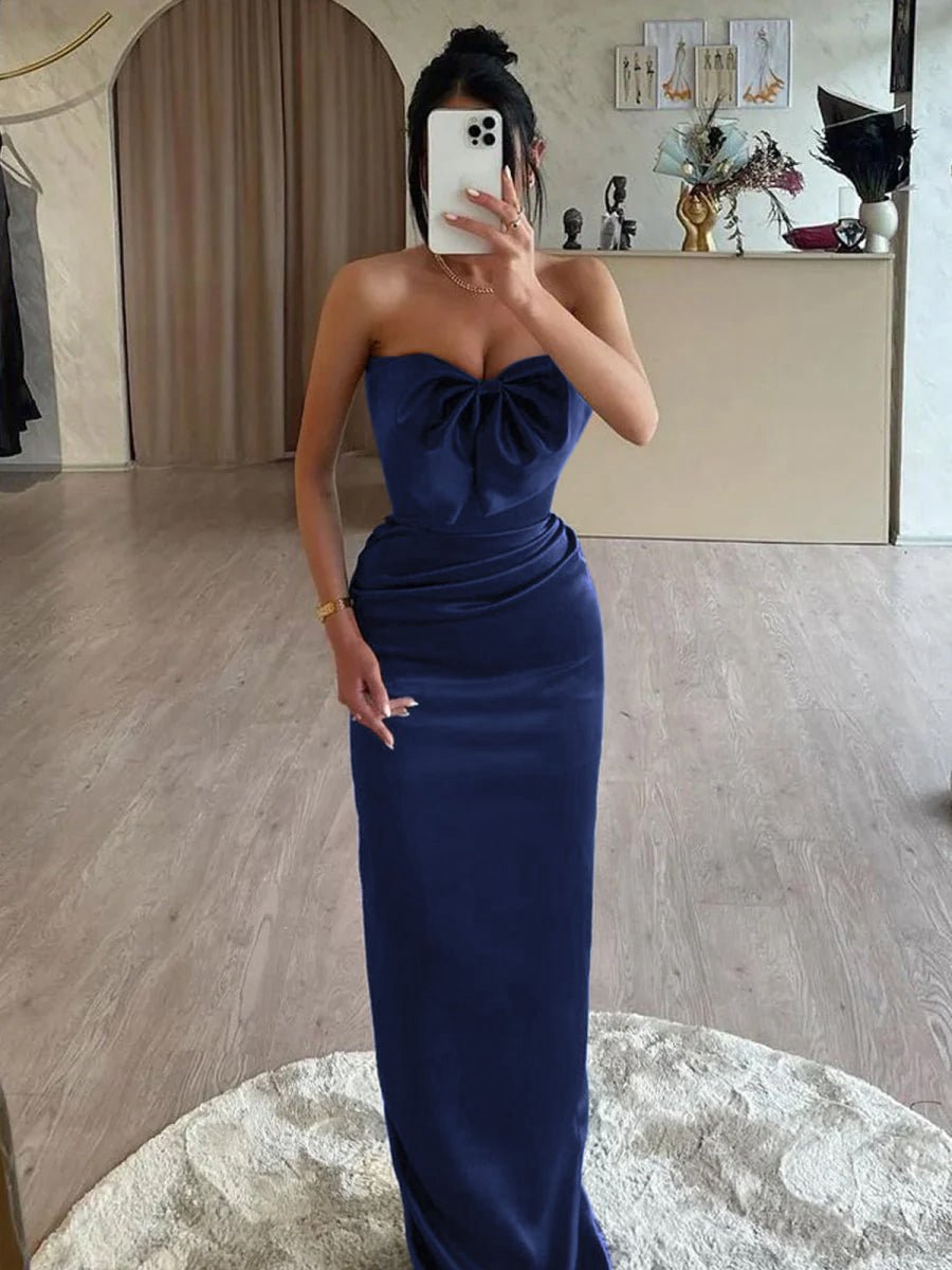 Mermaid Sweetheart Satin Long Prom Dresses with Bow