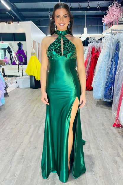 Mermaid Halter Satin Long Prom Dresses with Beads