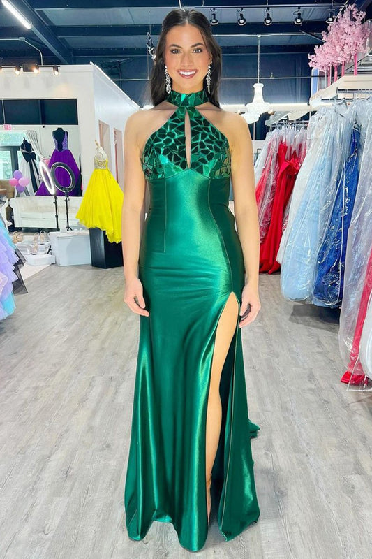 Mermaid Halter Satin Long Prom Dresses with Beads