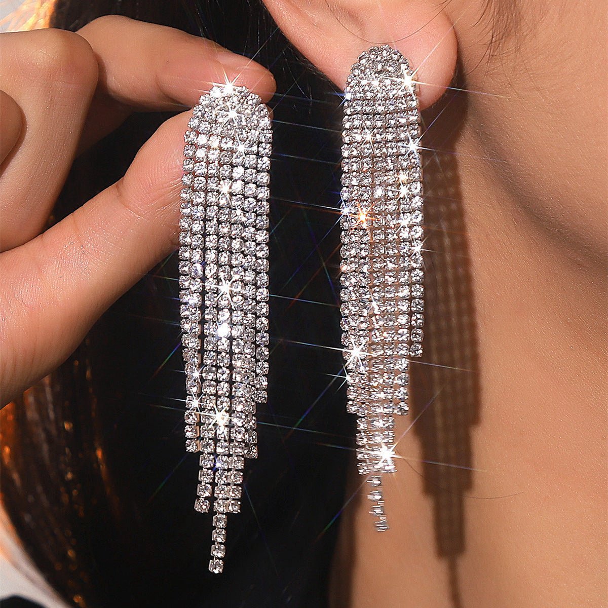 Tassel Gold Small Circle Long Earrings with Rhinestones