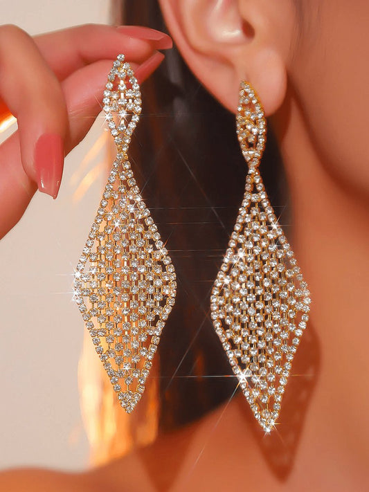 Geometric Rhombus Gold Simple Long Earrings with Rhinestones