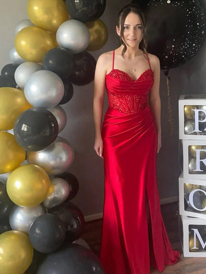 Mermaid Off Shoulder Sheer Corset Rhinestone Long Prom Dresses with Slit