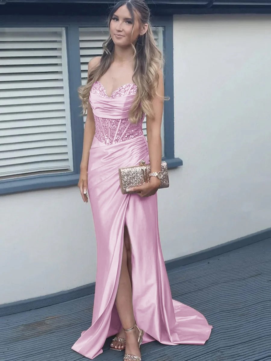 Mermaid Off Shoulder Sheer Corset Rhinestone Long Prom Dresses with Slit