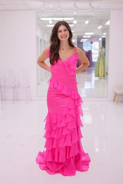 Tie Shoulder Mermaid Ruffle Tie Long Prom Dresses with Slit