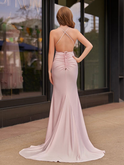 Plunge Neck Mermaid Satin Long Prom Dresses