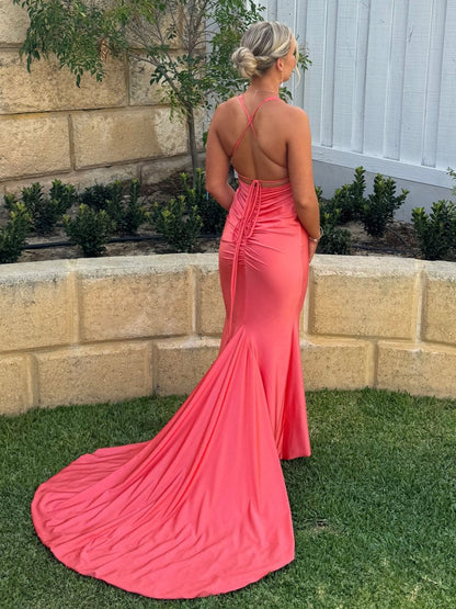 Plunge Neck Mermaid Satin Long Prom Dresses