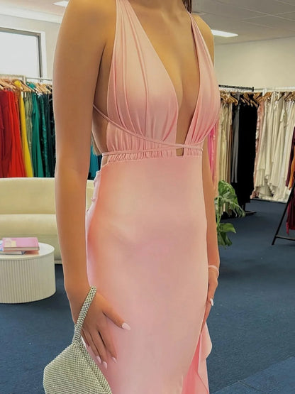 Plunge Neck Mermaid Satin Long Prom Dresses