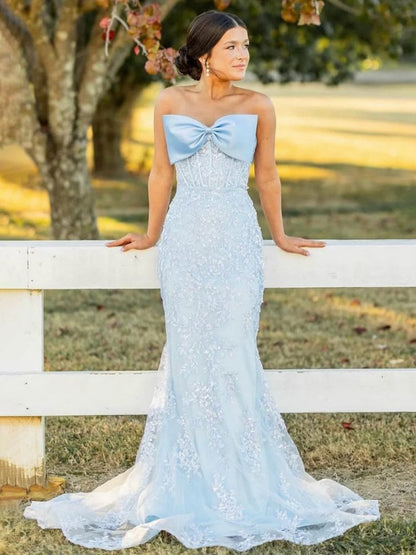 Strapless Mermaid Lace Appliques Long Prom Dresses with Bow