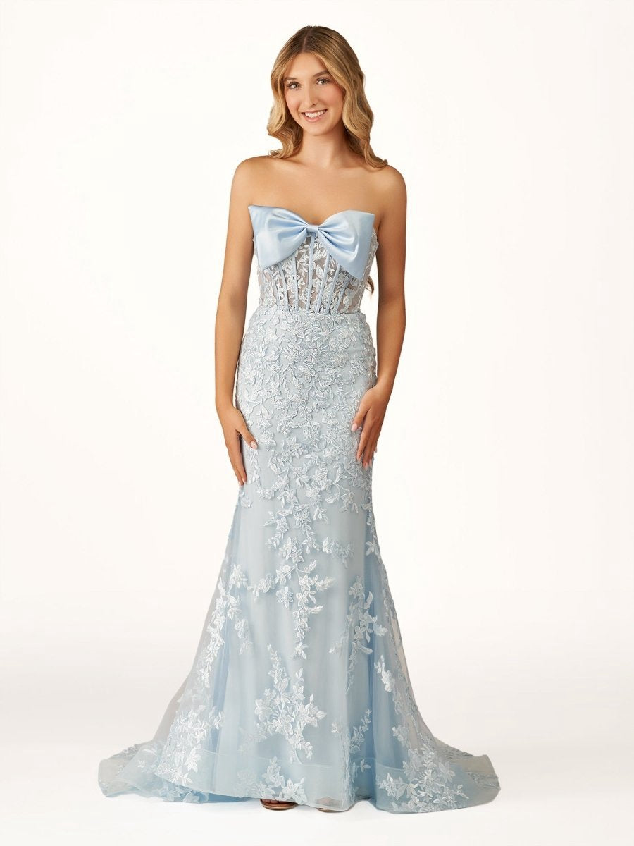 Strapless Mermaid Lace Appliques Long Prom Dresses with Bow