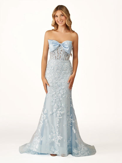 Strapless Mermaid Lace Appliques Long Prom Dresses with Bow