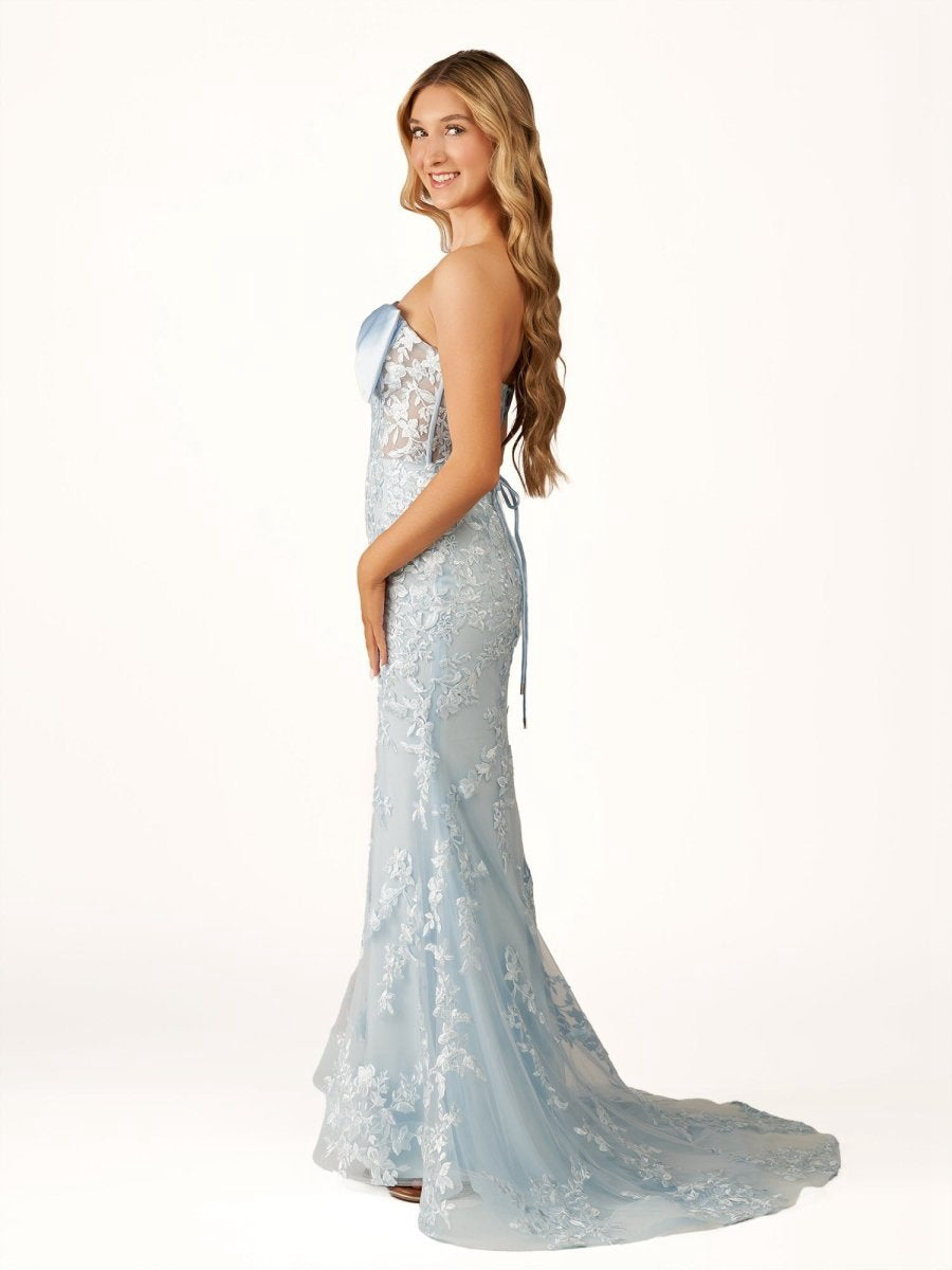 Strapless Mermaid Lace Appliques Long Prom Dresses with Bow