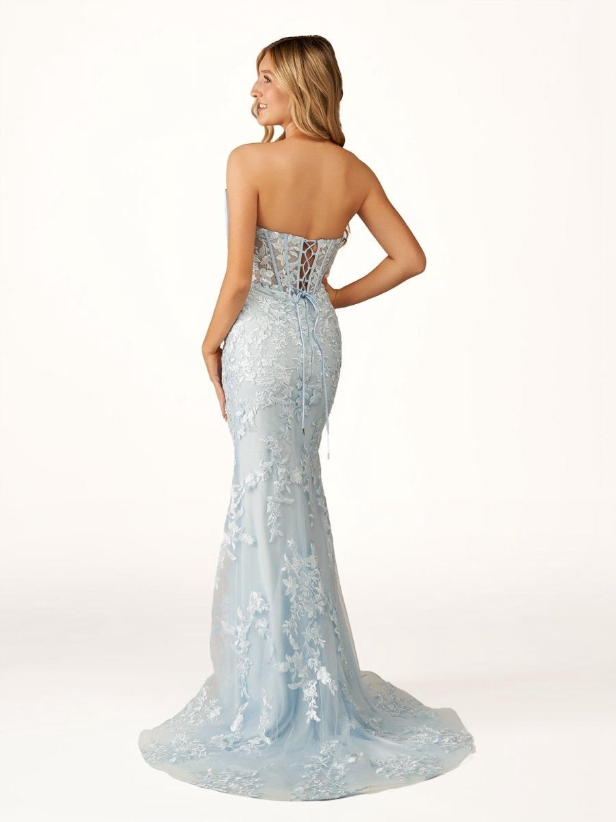 Strapless Mermaid Lace Appliques Long Prom Dresses with Bow