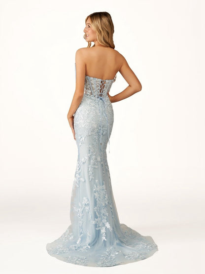 Strapless Mermaid Lace Appliques Long Prom Dresses with Bow
