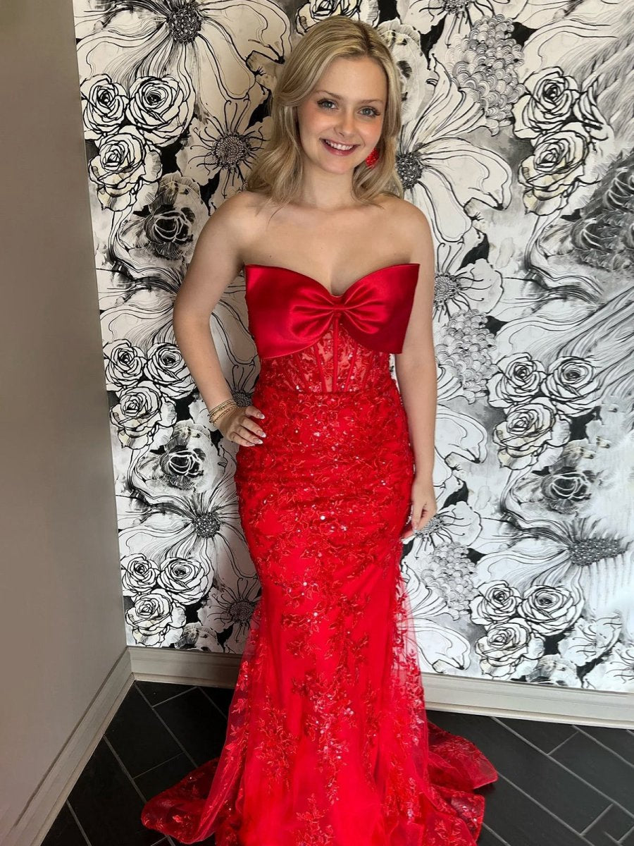 Strapless Mermaid Lace Appliques Long Prom Dresses with Bow