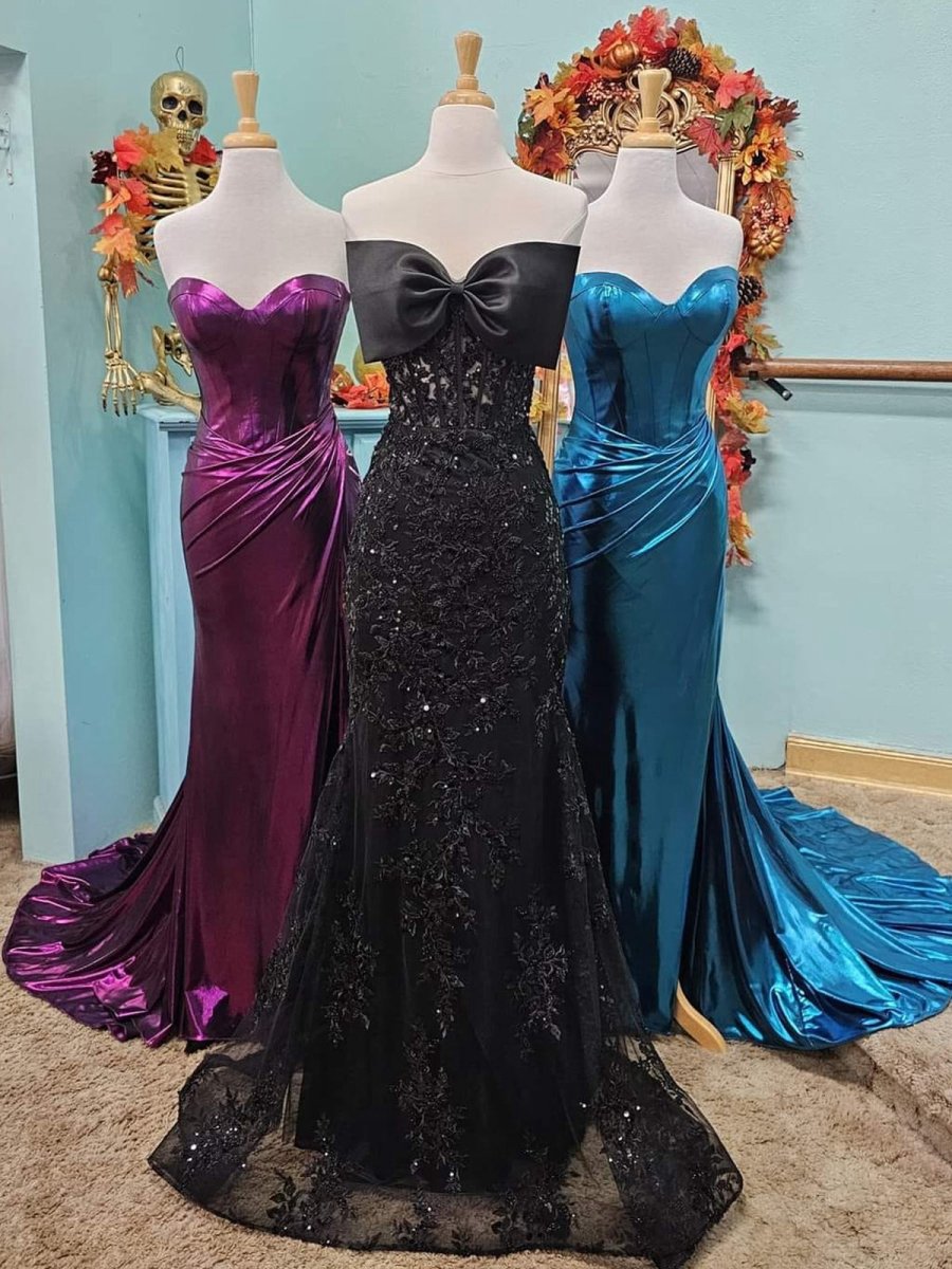 Strapless Mermaid Lace Appliques Long Prom Dresses with Bow