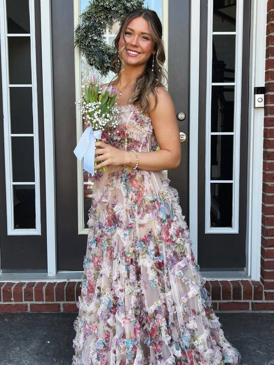 A-line Strapless Floral Print Ruffle Long Prom Dresses with Slit