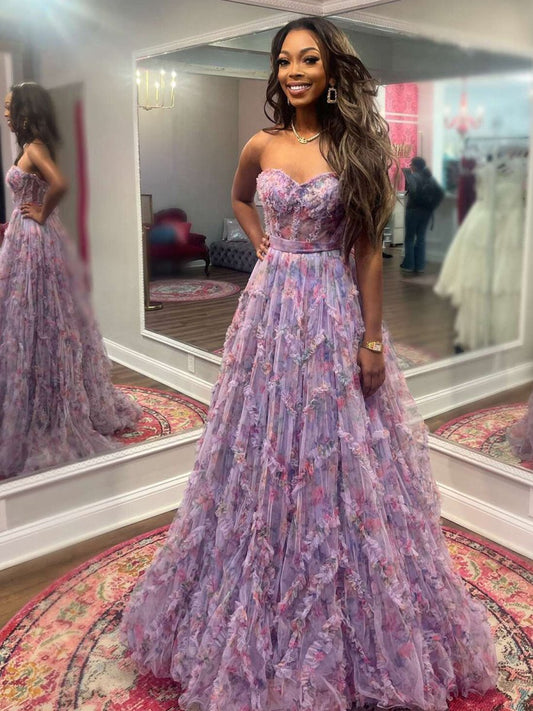 A-line Sweetheart Floral Print Ruffle Long Prom Dresses