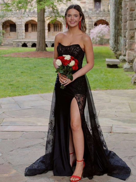 Mermaid Strapless Appliques Long Prom Dresses with Slit