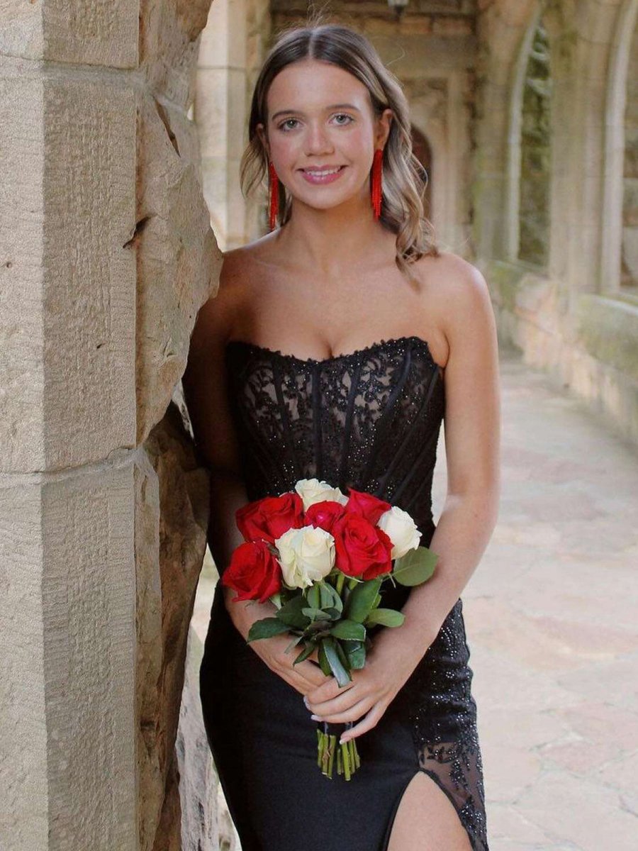 Mermaid Strapless Appliques Long Prom Dresses with Slit