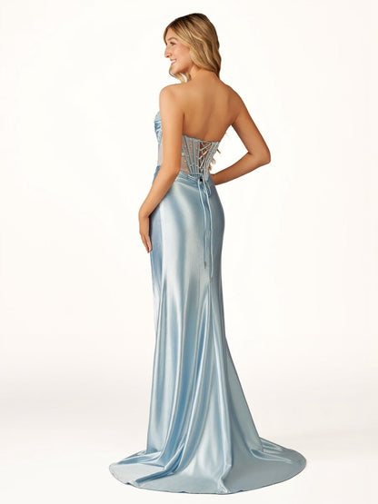 Mermaid Strapless Beaded Ruched Long Prom Dresses with Slit