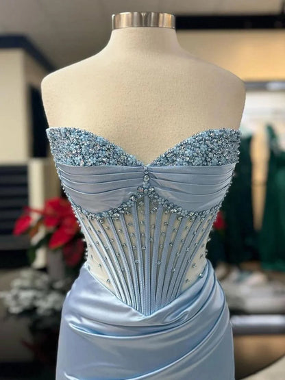 Mermaid Strapless Beaded Ruched Long Prom Dresses with Slit