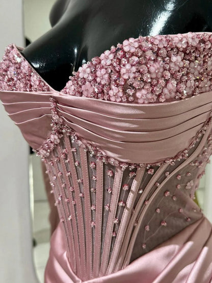 Mermaid Strapless Beaded Ruched Long Prom Dresses with Slit