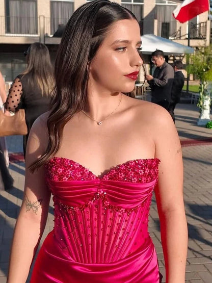 Mermaid Strapless Beaded Ruched Long Prom Dresses with Slit