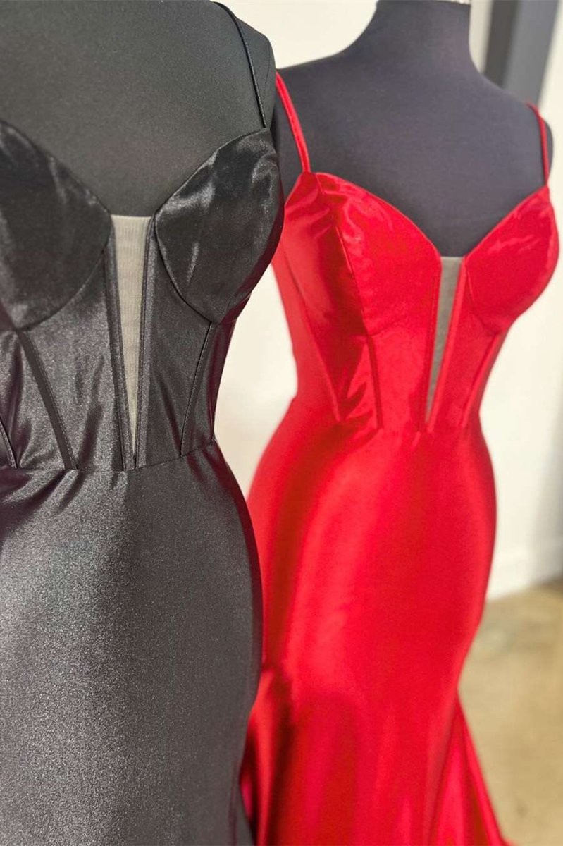 Plunge Neck Satin Mermaid Long Prom Dresses