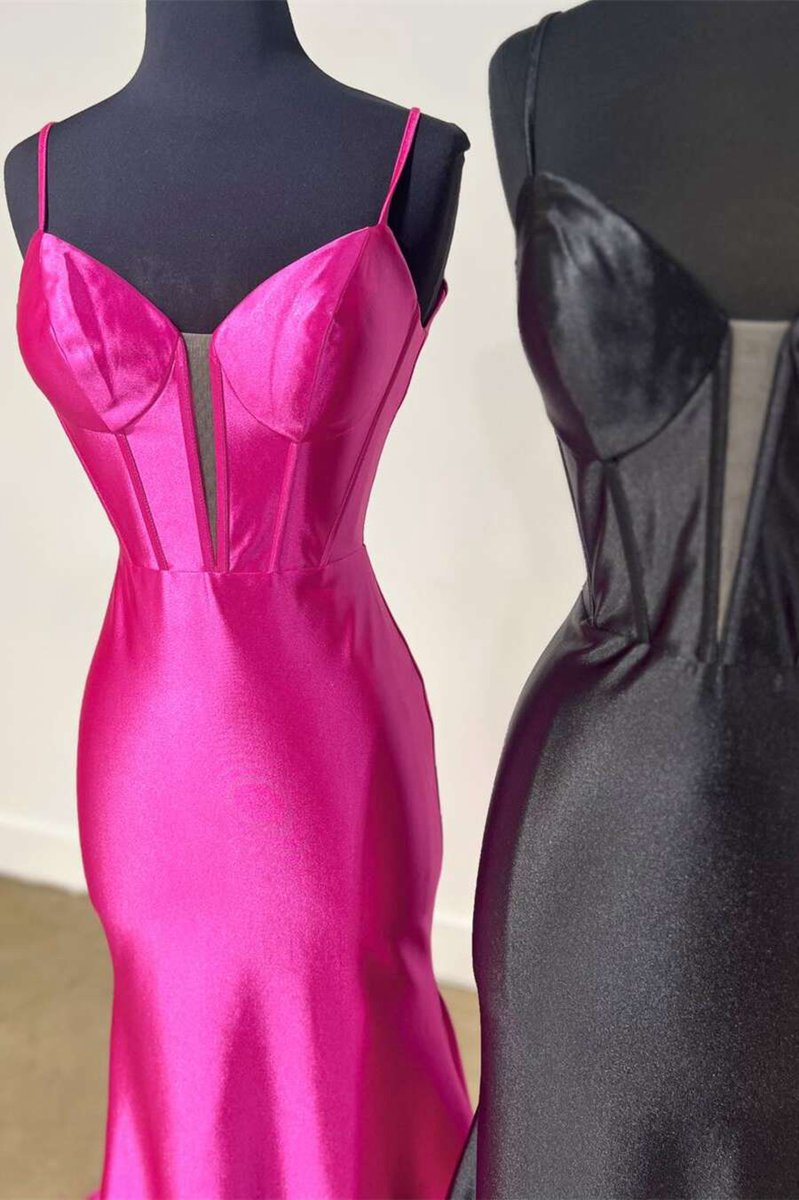Plunge Neck Satin Mermaid Long Prom Dresses