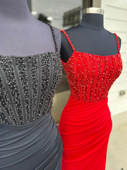 Mermaid Square Neck Beaded Long Prom Dresses with Slit